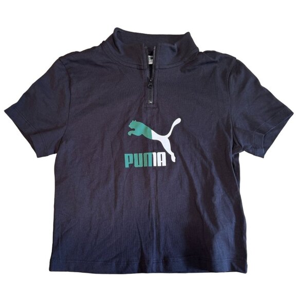 Puma Classic Quarter-Zip Tee Slim Fit Black with Green/White Logo Women's Small - Picture 3 of 5